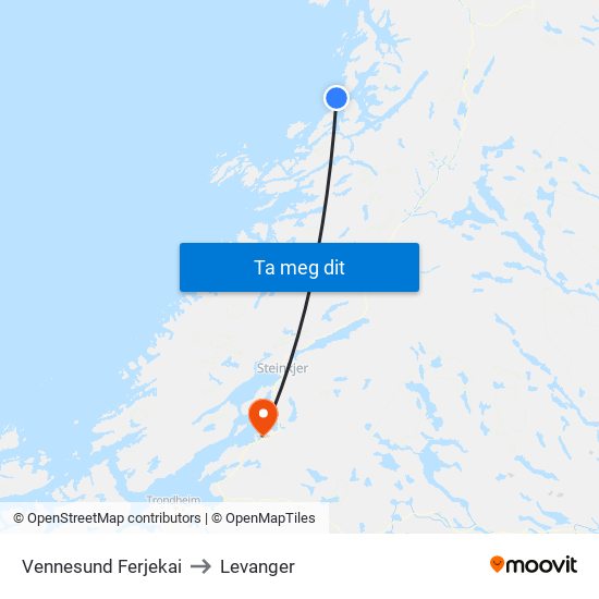 Vennesund Ferjekai to Levanger map