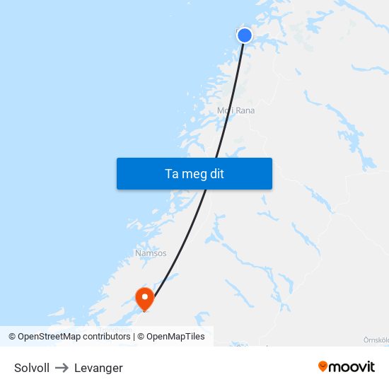 Solvoll to Levanger map