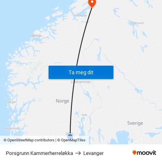 Porsgrunn Kammerherreløkka to Levanger map