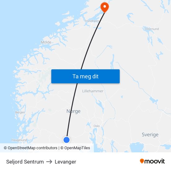 Seljord Sentrum to Levanger map