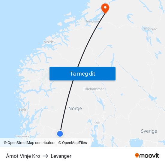 Åmot Vinje Kro to Levanger map