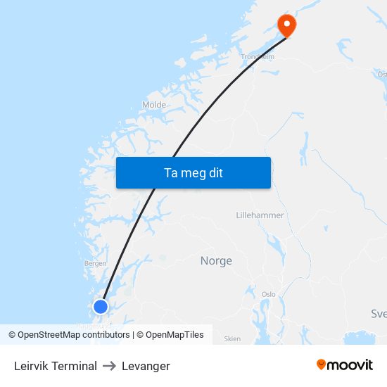 Leirvik Terminal to Levanger map