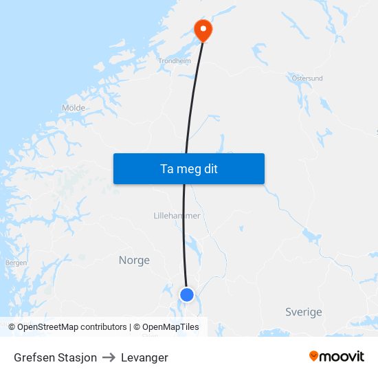 Grefsen Stasjon to Levanger map