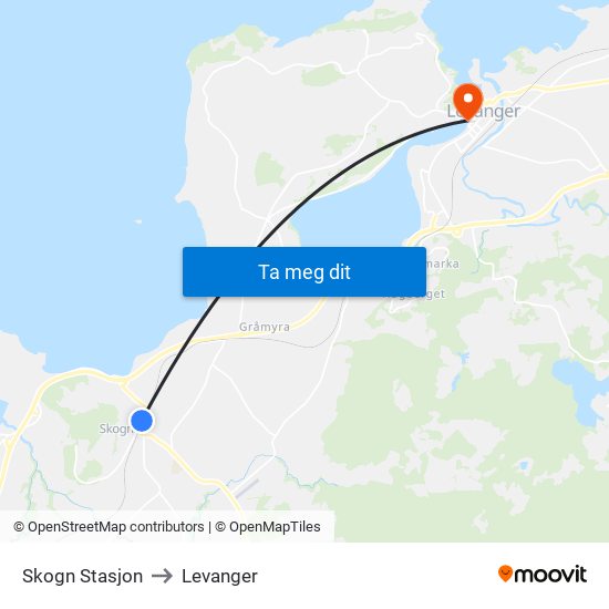 Skogn Stasjon to Levanger map