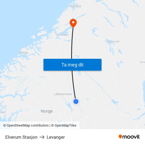 Elverum Stasjon to Levanger map