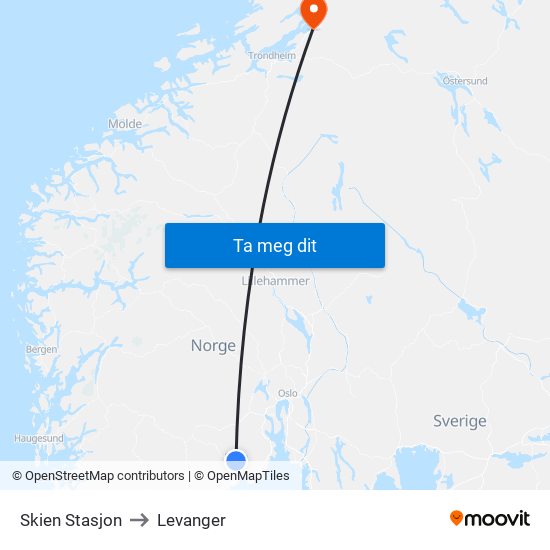 Skien Stasjon to Levanger map