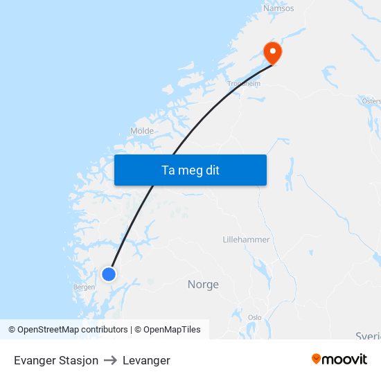 Evanger Stasjon to Levanger map