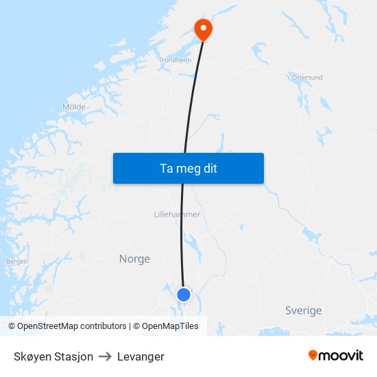Skøyen Stasjon to Levanger map