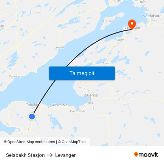 Selsbakk Stasjon to Levanger map