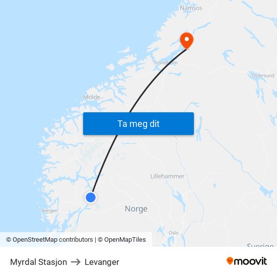 Myrdal Stasjon to Levanger map