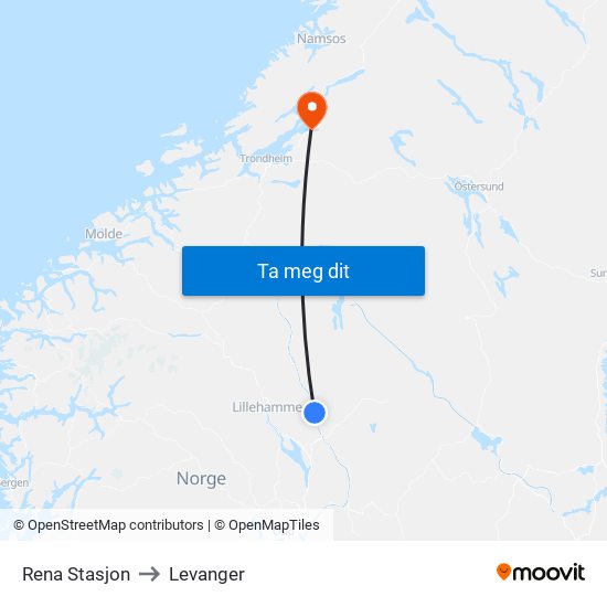 Rena Stasjon to Levanger map