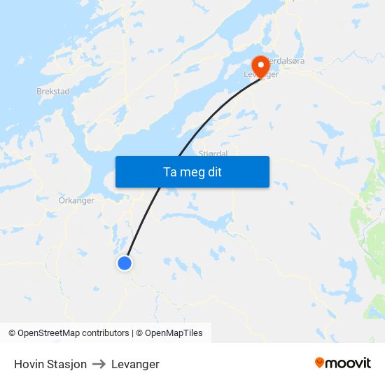 Hovin Stasjon to Levanger map