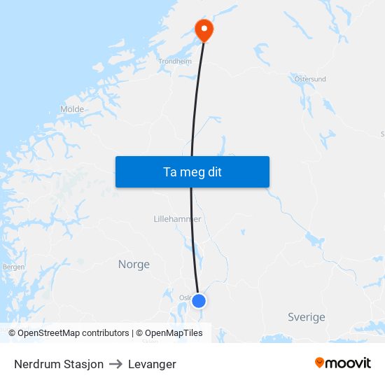 Nerdrum Stasjon to Levanger map
