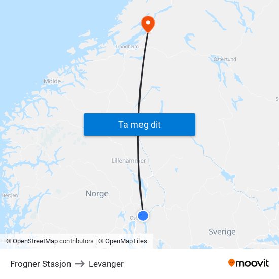 Frogner Stasjon to Levanger map