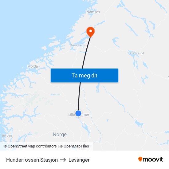 Hunderfossen Stasjon to Levanger map