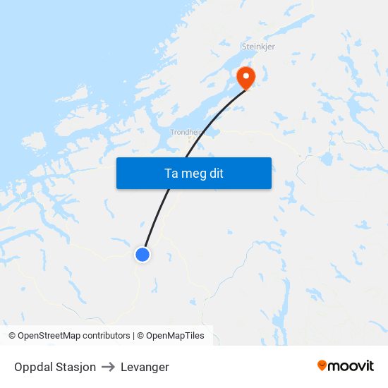 Oppdal Stasjon to Levanger map