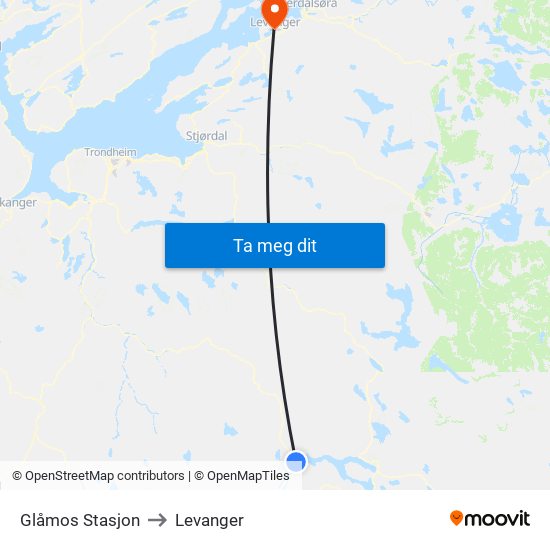 Glåmos Stasjon to Levanger map