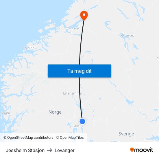 Jessheim Stasjon to Levanger map