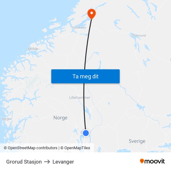 Grorud Stasjon to Levanger map