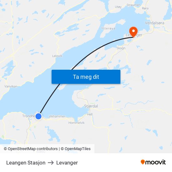 Leangen Stasjon to Levanger map
