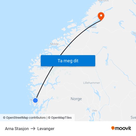 Arna Stasjon to Levanger map