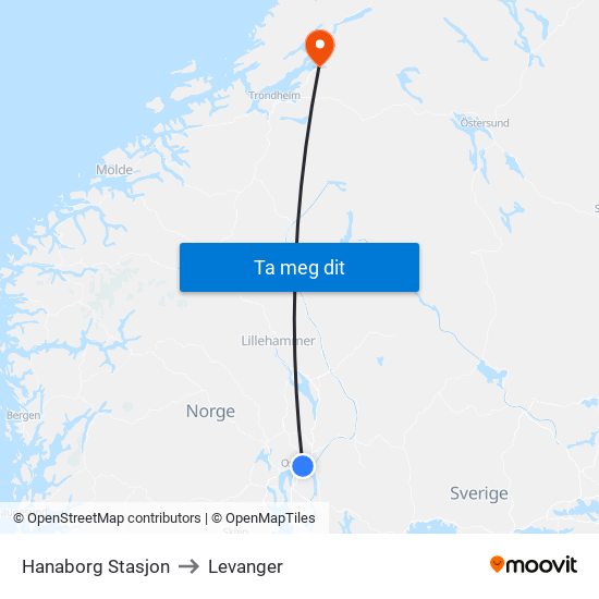 Hanaborg Stasjon to Levanger map