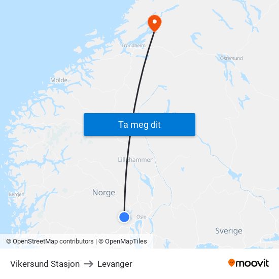 Vikersund Stasjon to Levanger map