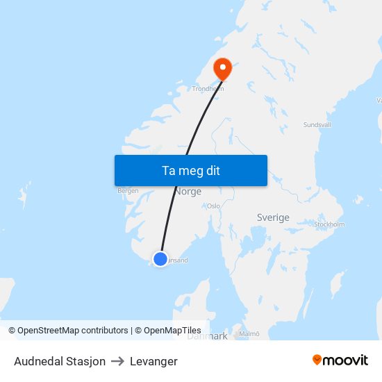 Audnedal Stasjon to Levanger map