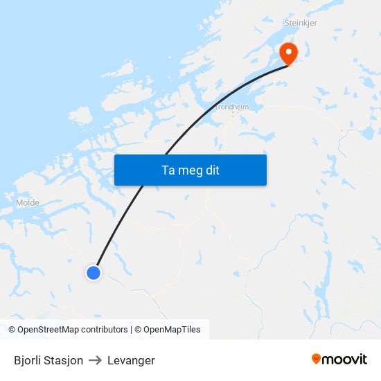 Bjorli Stasjon to Levanger map