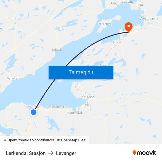 Lerkendal Stasjon to Levanger map