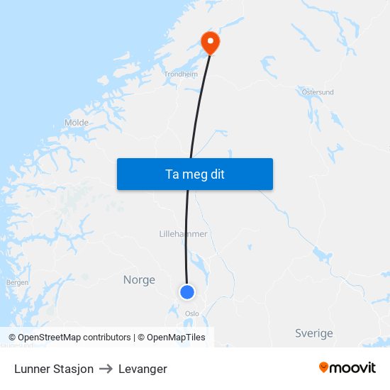 Lunner Stasjon to Levanger map