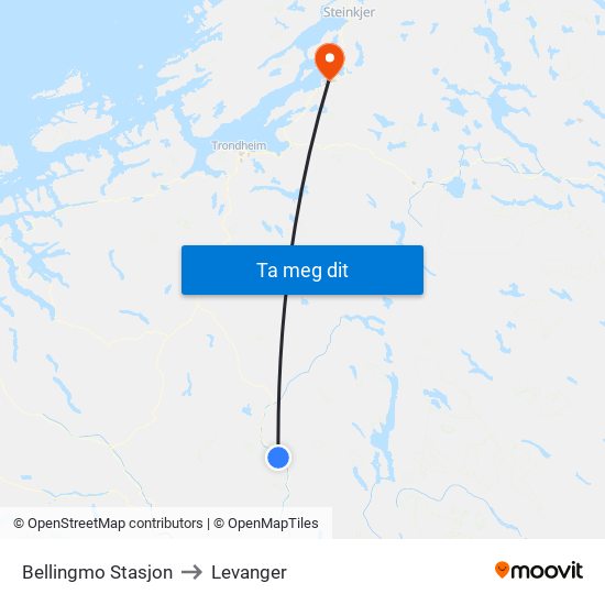 Bellingmo Stasjon to Levanger map
