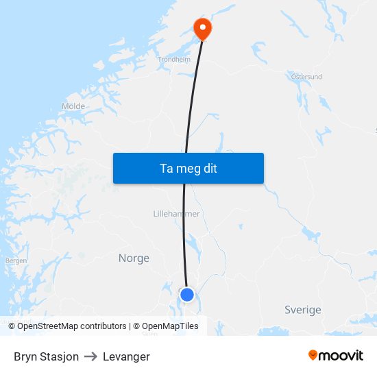Bryn Stasjon to Levanger map