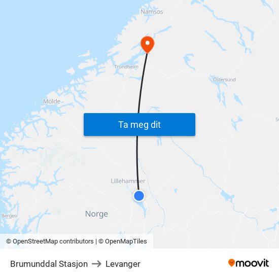 Brumunddal Stasjon to Levanger map