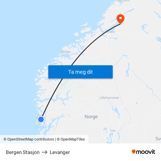 Bergen Stasjon to Levanger map