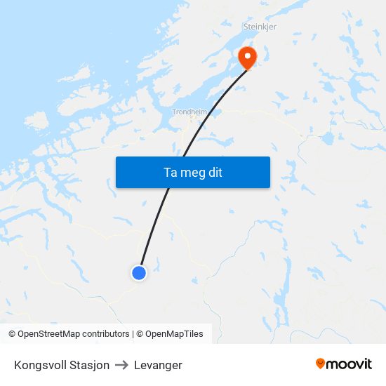 Kongsvoll Stasjon to Levanger map