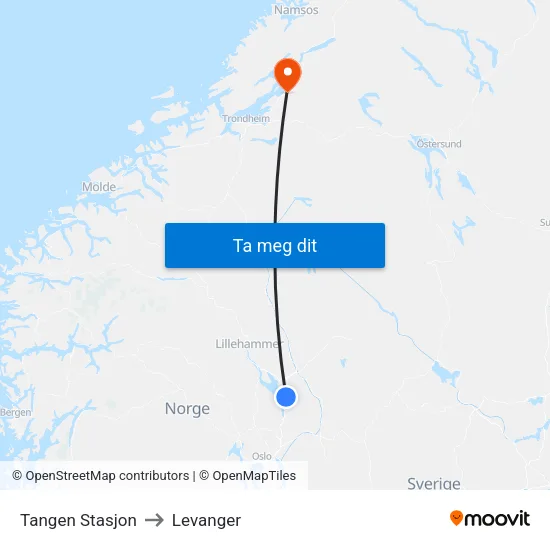 Tangen Stasjon to Levanger map