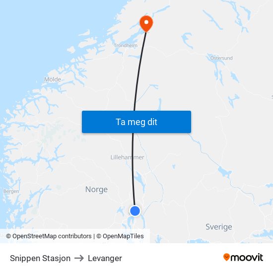 Snippen Stasjon to Levanger map