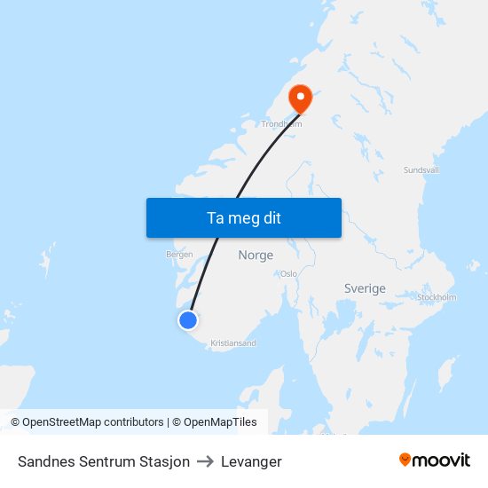 Sandnes Sentrum Stasjon to Levanger map