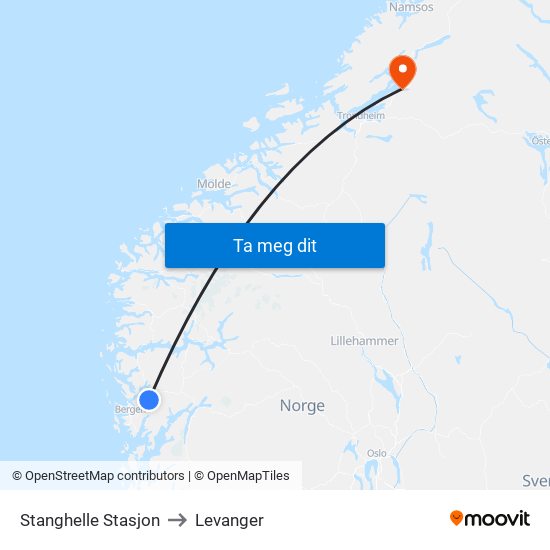 Stanghelle Stasjon to Levanger map