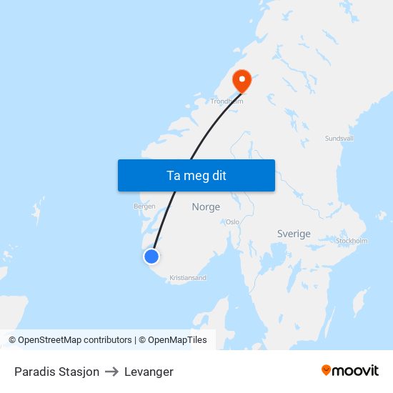 Paradis Stasjon to Levanger map