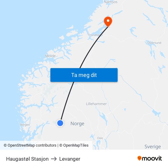 Haugastøl Stasjon to Levanger map