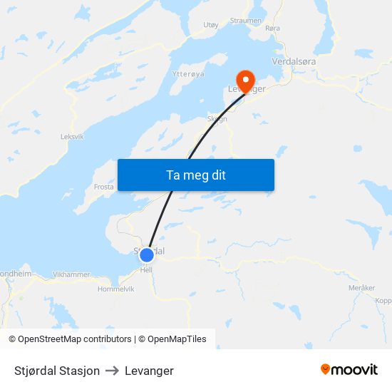 Stjørdal Stasjon to Levanger map