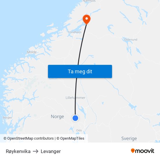Røykenvika to Levanger map
