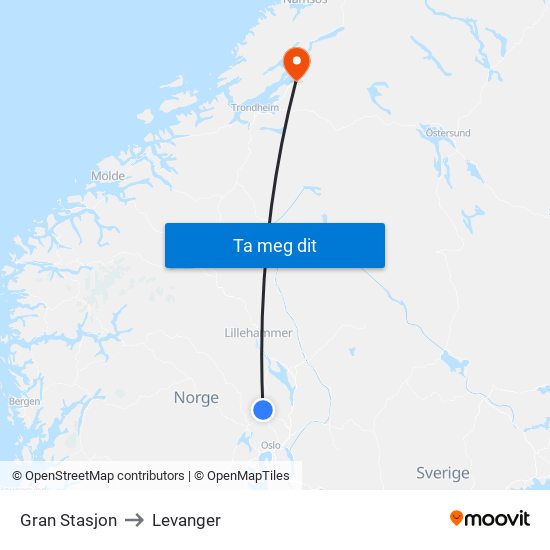 Gran Stasjon to Levanger map