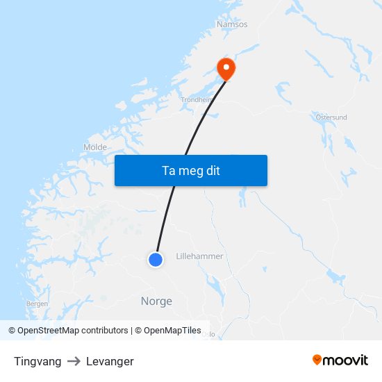 Tingvang to Levanger map