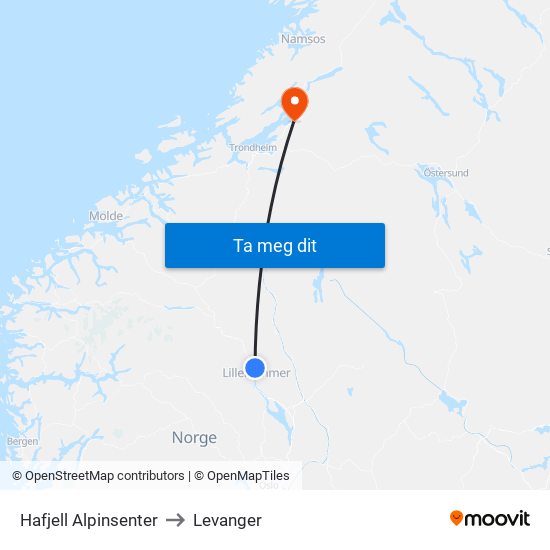 Hafjell Alpinsenter to Levanger map