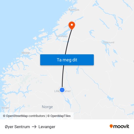 Øyer Sentrum to Levanger map