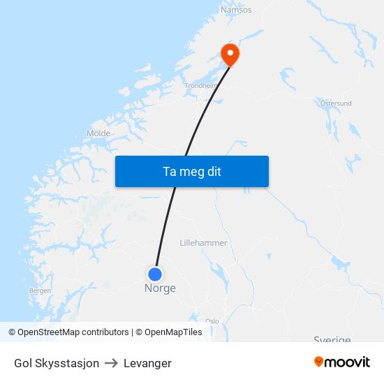 Gol Skysstasjon to Levanger map