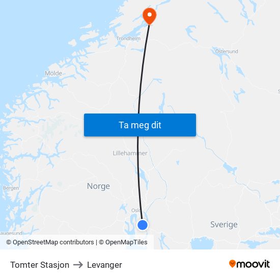 Tomter Stasjon to Levanger map